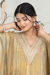 Shop_Ellemora Fashions_Yellow Georgette, Crepe Lace, Embroidery, Pearls V-neck Work Kaftan With Pant 