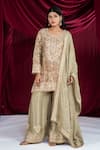 Shop_Ellemora Fashions_Green Crepe Embroidery, Sequins, Zari Round Neck Kurta Sharara Set _Online_at_Aza_Fashions