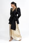 Ellemora Fashions_Black Taffeta Sequins V-neck Bow Applique Top With Skirt _Online_at_Aza_Fashions