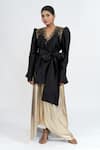 Shop_Ellemora Fashions_Black Taffeta Sequins V-neck Bow Applique Top With Skirt _at_Aza_Fashions