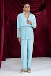 Buy_Ellemora Fashions_Sky Blue Crepe Embroidery Collared, V-neck Frosted Top With Pant _at_Aza_Fashions
