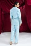 Ellemora Fashions_Sky Blue Crepe Embroidery Collared, V-neck Frosted Top With Pant _Online_at_Aza_Fashions