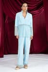 Shop_Ellemora Fashions_Sky Blue Crepe Embroidery Collared, V-neck Frosted Top With Pant _Online_at_Aza_Fashions