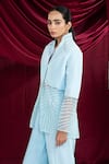 Buy_Ellemora Fashions_Sky Blue Crepe Embroidery Collared, V-neck Frosted Top With Pant 