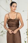 Buy_Ellemora Fashions_Brown Satin Sequins, Beads Square Neck Bronze Bloom Jumpsuit _Online_at_Aza_Fashions