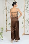 Ellemora Fashions_Brown Satin Sequins, Beads Square Neck Bronze Bloom Jumpsuit _Online_at_Aza_Fashions