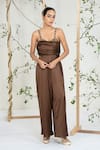 Buy_Ellemora Fashions_Brown Satin Sequins, Beads Square Neck Bronze Bloom Jumpsuit _at_Aza_Fashions