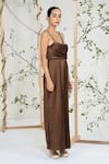 Buy_Ellemora Fashions_Brown Satin Sequins, Beads Square Neck Bronze Bloom Jumpsuit 