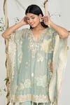 Ellemora Fashions_Blue Silk Embroidery, Gota Patti, Sequins V-neck Sapphire Grace Kaftan Set _at_Aza_Fashions