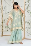 Ellemora Fashions_Blue Silk Embroidery, Gota Patti, Sequins V-neck Sapphire Grace Kaftan Set _Online