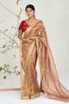 Buy_Ellemora Fashions_Gold Tissue Zari, Embroidery, Stones V-neck Intricate Pattern Saree With Blouse _at_Aza_Fashions