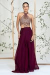 Buy_Ellemora Fashions_Maroon Crepe, Net Embroidery, Beads, Sequins Halter Neck Berry Luxe Jumpsuit _at_Aza_Fashions