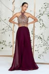Buy_Ellemora Fashions_Maroon Crepe, Net Embroidery, Beads, Sequins Halter Neck Berry Luxe Jumpsuit _Online_at_Aza_Fashions