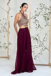 Shop_Ellemora Fashions_Maroon Crepe, Net Embroidery, Beads, Sequins Halter Neck Berry Luxe Jumpsuit _Online_at_Aza_Fashions