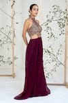 Ellemora Fashions_Maroon Crepe, Net Embroidery, Beads, Sequins Halter Neck Berry Luxe Jumpsuit _at_Aza_Fashions