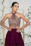 Buy_Ellemora Fashions_Maroon Crepe, Net Embroidery, Beads, Sequins Halter Neck Berry Luxe Jumpsuit 
