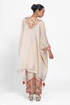 Ellemora Fashions_Beige Embroidery, Tassels V-neck Thread Work Kaftan Set _Online_at_Aza_Fashions