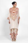 Ellemora Fashions_Beige Embroidery, Tassels V-neck Thread Work Kaftan Set _at_Aza_Fashions