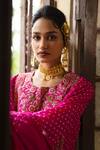 Pink City By Sarika_Pink Chanderi Silk Embroidery, Mirrors Round Neck Bandhani Pattern Kurta Set _Online_at_Aza_Fashions