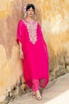 Shop_Pink City By Sarika_Pink Silk Embroidery Split V-neck Kaftan Set _Online_at_Aza_Fashions