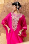 Pink City By Sarika_Pink Silk Embroidery Split V-neck Kaftan Set _at_Aza_Fashions