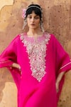 Buy_Pink City By Sarika_Pink Silk Embroidery Split V-neck Kaftan Set 