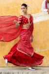 Buy_Pink City By Sarika_Red Chanderi Silk Embroidery, Zari V-neck Bandhani Pattern Lehenga Saree Set _Online_at_Aza_Fashions