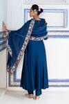 Shop_Pink City By Sarika_Blue Chanderi Silk, Organza Embroidery Round Neck Floral Mughal Anarkali Set _at_Aza_Fashions
