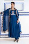 Buy_Pink City By Sarika_Blue Chanderi Silk, Organza Embroidery Round Neck Floral Mughal Anarkali Set _at_Aza_Fashions