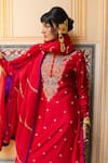 Buy_Pink City By Sarika_Red Chanderi Silk Embroidery, Zari Split V-neck Kairi Hexagon Kurta Set _Online_at_Aza_Fashions