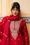 Shop_Pink City By Sarika_Red Chanderi Silk Embroidery, Zari Split V-neck Kairi Hexagon Kurta Set _Online_at_Aza_Fashions