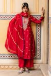 Buy_Pink City By Sarika_Red Chanderi Silk Embroidery, Zari Split V-neck Kairi Hexagon Kurta Set _at_Aza_Fashions