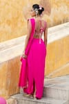 Shop_Pink City By Sarika_Fuchsia Dupion, Silk Embroidery, Sequins, Floral Blouse And Pre-draped Saree Set _at_Aza_Fashions