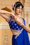 Pink City By Sarika_Blue Silk Embroidery, Zari Square Neck Floral Blouse And Pre-draped Saree Set _Online_at_Aza_Fashions