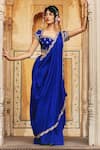 Buy_Pink City By Sarika_Blue Silk Embroidery, Zari Square Neck Floral Blouse And Pre-draped Saree Set _at_Aza_Fashions