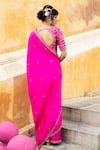 Shop_Pink City By Sarika_Fuchsia Dupion Embroidery, Zari V-neck Rani Sa Blouse And Set _at_Aza_Fashions