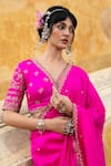 Shop_Pink City By Sarika_Fuchsia Dupion Embroidery, Zari V-neck Rani Sa Blouse And Set _Online_at_Aza_Fashions