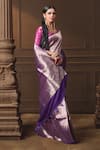 Vishwa By Pinki Sinha Purple Silk, Brocade Zari, Tassels Mughal Woven Saree With Running Blouse Piece Online at Aza Fashions Vishwa By Pinki Sinha_Purple Silk, Brocade Zari, Tassels Mughal Woven Saree With Running Blouse Piece _Online_at_Aza_Fashions