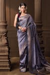 Shop_Vishwa By Pinki Sinha_Blue Brocade, Silk Zari Meenakari Saree With Running Blouse Piece _Online_at_Aza_Fashions