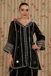 Nitisha Kashyap Official_Black Organza Embroidery, Mirrors, Beads V-neck Floral Kurta And Pant Set _Online_at_Aza_Fashions
