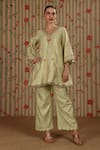 Buy_Nitisha Kashyap Official_Lime Cotton Embroidery, Beads, Mirrors, Tassels V-neck A-line Kurta With Pant _at_Aza_Fashions
