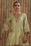 Nitisha Kashyap Official_Lime Cotton Embroidery, Beads, Mirrors, Tassels V-neck A-line Kurta With Pant _Online_at_Aza_Fashions