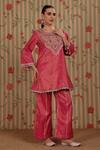 Buy_Nitisha Kashyap Official_Fuchsia Cotton Embroidery, Sequins, Beads Round Neck A-line Kurta And Pant Set _at_Aza_Fashions