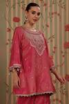 Nitisha Kashyap Official_Fuchsia Cotton Embroidery, Sequins, Beads Round Neck A-line Kurta And Pant Set _Online_at_Aza_Fashions