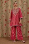 Buy_Nitisha Kashyap Official_Fuchsia Cotton Embroidery, Sequins, Beads Round Neck A-line Kurta And Pant Set _Online_at_Aza_Fashions