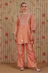 Buy_Nitisha Kashyap Official_Peach Cotton Beads, Embroidery, Mirrors, Sequins, Tassels Sleeve Kurta With Pant _at_Aza_Fashions