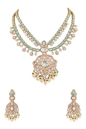 Buy_Auraa Trends_Gold Plated Pearls, Beads, Stones Kundan Polki Pendant Necklace Set _Online_at_Aza_Fashions