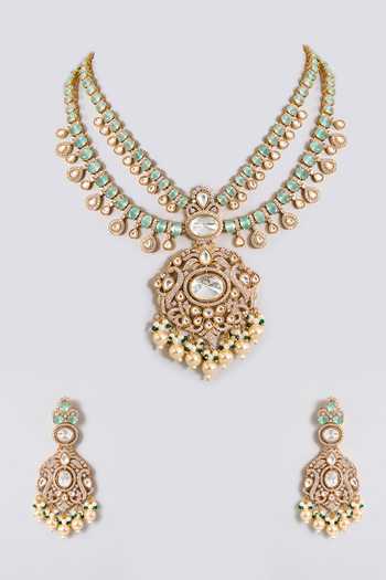 Shop_Auraa Trends_Gold Plated Pearls, Beads, Stones Kundan Polki Pendant Necklace Set _at_Aza_Fashions