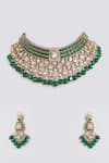 Shop_Auraa Trends_Green Beads, Stones, Rhinestones Kundan Polki And Emerald Choker Set _at_Aza_Fashions