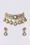 Shop_Auraa Trends_Green Stones, Pearls Kundan Tear-drop Motif Choker Necklace And Earrings _at_Aza_Fashions
